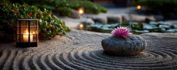 Poster - Raked sand patterns in tranquility with lantern and lotus concept. A serene scene featuring a pink lotus flower on a rock.
