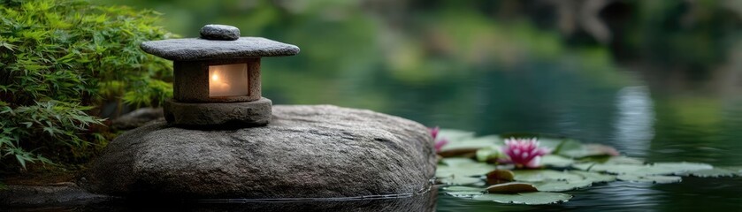 Aufkleber - Tea pavilion with minimalism and rock by lantern concept. A serene garden scene with a lantern illuminating a peaceful pond.