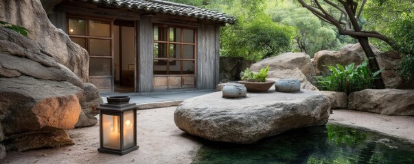 Poster - Tea pavilion with minimalism and rock by lantern concept. Serene garden with lantern, rocks, and traditional Asian architecture.