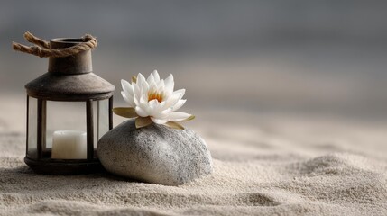 Poster - Raked sand patterns in tranquility with lantern and lotus concept. A serene composition of a lantern and lotus on soft sand.