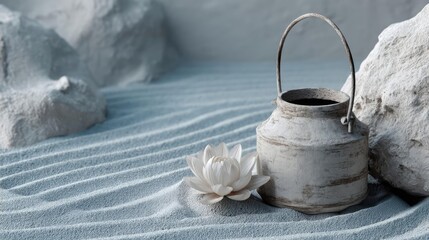 Poster - Raked sand patterns in tranquility with lantern and lotus concept. Serene setting with a vintage kettle and lotus in textured sand.