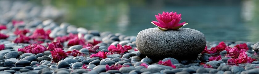 Poster - Stone lantern in harmony with peaceful lotus pond concept. Calm scene featuring a lotus flower on a smooth stone.