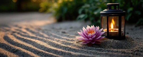 Poster - Raked sand patterns in tranquility with lantern and lotus concept. A serene scene with a lantern and a lotus flower in sand.
