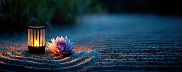Poster - Raked sand patterns in tranquility with lantern and lotus concept. A serene evening scene with a lit lantern and a water lily flower.