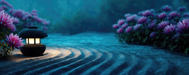 Poster - Raked sand patterns in tranquility with lantern and lotus concept. A serene garden scene with glowing lantern and blooming flowers.
