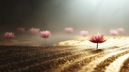 Poster - Raked sand patterns in tranquility with lantern and lotus concept. Serene pink flowers bloom in a tranquil, misty environment.