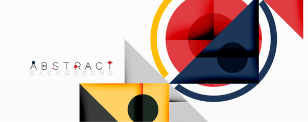 Fototapete - Geometric shapes overlap, creating modern abstract design. Red, navy, yellow tones dominate white background. Minimalist composition.