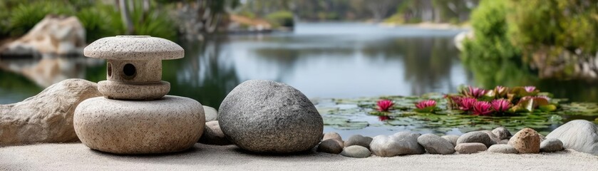 Poster - Stone lantern in harmony with peaceful lotus pond concept. Serene landscape featuring stones and a tranquil pond.