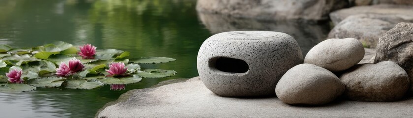 Poster - Stone lantern in harmony with peaceful lotus pond concept. A serene scene featuring rocks and a pond with lotus flowers.