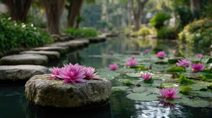 Aufkleber - Stone lantern in harmony with peaceful lotus pond concept. Serene pond with vibrant pink water lilies resting on stones.