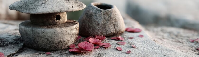 Poster - Tea pavilion with minimalism and rock by lantern concept. A serene stone lantern surrounded by vibrant red petals.