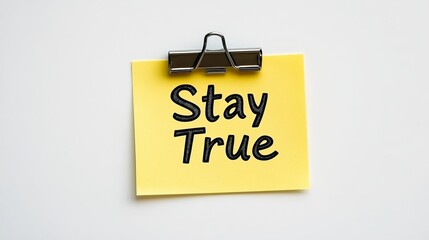 Poster - Yellow Sticky Note With A Clip And Inspirational Quote, Stay True, On White Background