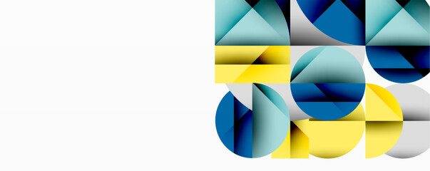 Fototapete - Abstract geometric composition. Shapes overlap, creating dynamic visual interest. Blue, yellow, gray tones dominate design.