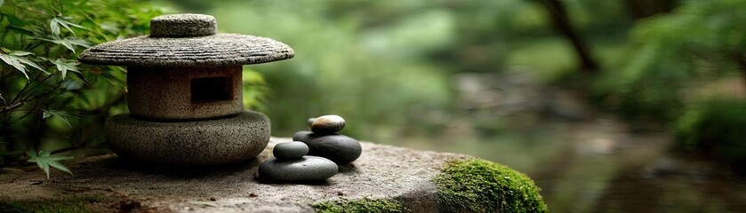 Poster - Tea pavilion with minimalism and rock by lantern concept. Tranquil garden scene featuring a stone lantern and pebbles.