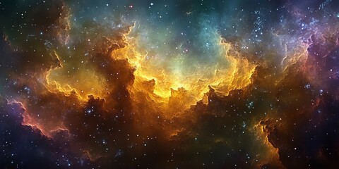 Wall Mural - fiery nebula with twinkling stars and emerald green, silver tones in the celestial expanse