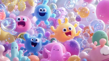 Poster - Colorful and Playful Cartoon Characters with Bubbles and Texture