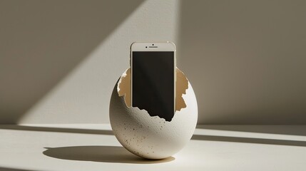 Poster - Phone Emerging from Eggshell in Minimalist Composition