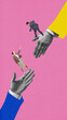 © master1305 - Contemporary collage. Man on hand reaches to assist woman standing on another hand, both reaching out. Deal. Concept of business, support, connection, cooperation, opportunity