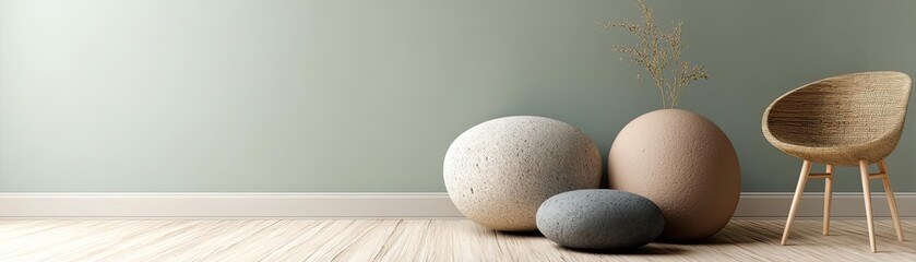 Aufkleber - Soothing colors with positivity and focus through wellness concept. Stylish interior featuring decorative stones and a modern chair.