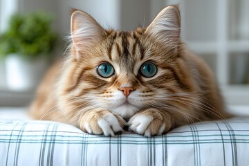 Naklejka na meble Adorable Fluffy Cat with Blue Eyes Relaxing Indoors on Checkered Blanket