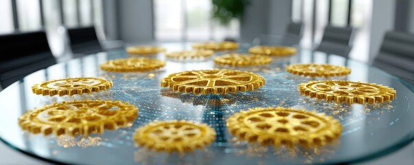 Poster - Wealth attraction for entrepreneur with wealth and strategy concept. Innovative gears on a reflective table in a modern office.