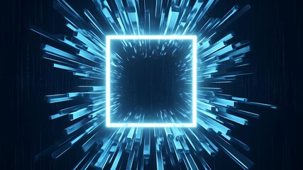 Aufkleber - Abstract Neon Blue Square Portal With Flowing Light Streaks On Dark Background For Modern Technology Design And Futuristic Geometric Art Concept