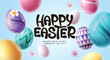 © Zeinous - Happy easter greeting text clipart design. Happy easter typography text with printed colorful easter eggs clip art in blurred white background. Vector illustration easter sunday banner card design.