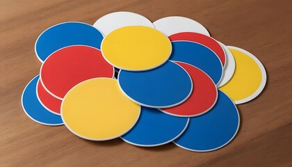Aufkleber - A pile of colorful round discs in red blue yellow and white overlapping on a wooden surface top view