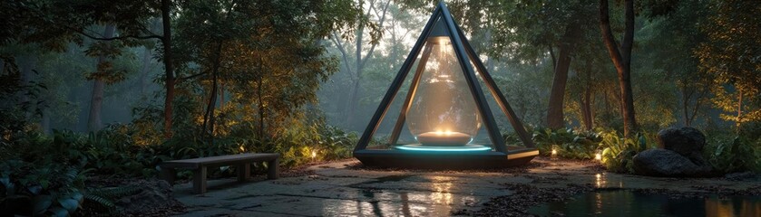 Aufkleber - Digital detox with meditation and escape from chaos concept. Serene forest scene with a futuristic triangular structure emitting light.