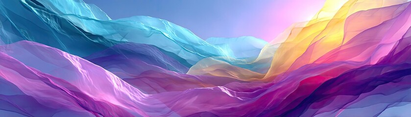 Poster - Soothing colors with positivity and focus through wellness concept. Colorful abstract waves of fabric flowing through a vibrant landscape.