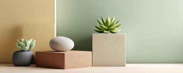 Aufkleber - Soothing colors with positivity and focus through wellness concept. Stylish display of succulents on minimalist geometric platforms.