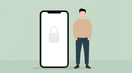 Poster - Secure mobile device usage with a person standing beside a smartphone displaying a lock symbol, emphasizing digital security and privacy protection concept