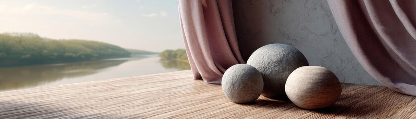 Aufkleber - Soothing colors with positivity and focus through wellness concept. Serene still life with smooth stones near a tranquil river.