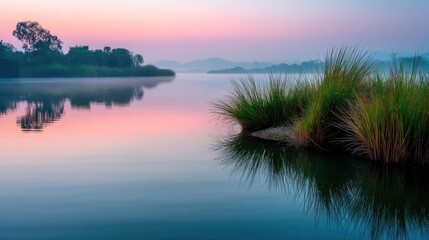 Poster - Soothing colors with positivity and focus through wellness concept. Serene lake at sunset reflecting sky and lush grass.