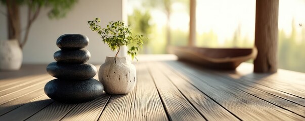 Poster - Calm environment through serenity and positivity in therapy concept. Serene interior with stones and plants for a calming atmosphere.