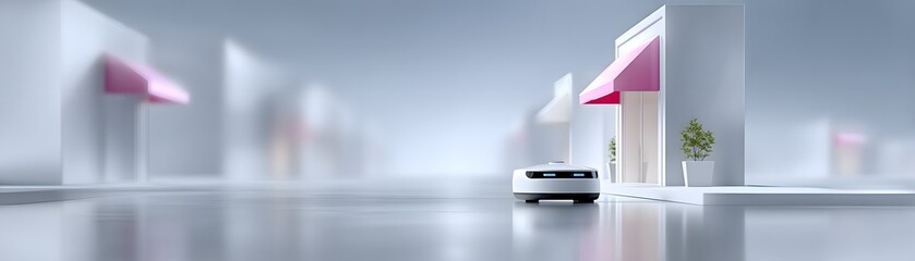 Poster - Autonomous delivery robots navigating a chaotic futuristic street, drones buzzing overhead, vibrant storefronts glowing, people interacting with holographic screens, fast-paced modern city life,