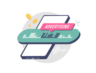 Poster - Voice search marketing with audio waveform on smartphone screen, smart ads in mobile apps. In-app audio, podcast promotion, programmatic audio ads, mobile advertising. Isometric vector illustration