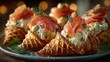 © gleb - Appetizing gourmet snack cones filled with creamy cheese and smoked salmon garnished with dill on festive plate perfect for holiday menu design, food photography and luxury culinary visuals
