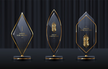 Wall Mural - Glass award trophy set.Transparent prize template with golden palm branch. Winner first place concept. Vector illustration.