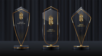Wall Mural - Glass award trophy set.Transparent prize template with golden palm branch. Winner first place concept. Vector illustration.