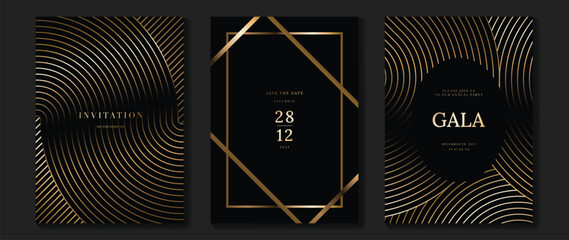 Poster - Luxury wedding invitation card background vector. Golden elegant gold wavy lines on dark background. Premium design illustration for wedding, vip cover template, banner, poster.