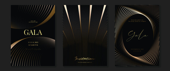 Aufkleber - Luxury wedding invitation card background vector. Golden elegant gold wavy lines on dark background. Premium design illustration for wedding, vip cover template, banner, poster.