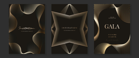 Aufkleber - Luxury wedding invitation card background vector. Golden elegant gold wavy lines on navy blue background. Premium design illustration for wedding, vip cover template, banner, poster.