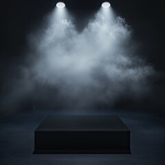 Wall Mural - a dark, smoky room with two spotlights illuminating a low, black, square pedestal