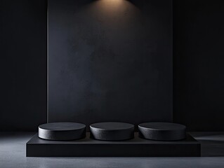 Wall Mural - three dark cylindrical platforms on a single, low, dark rectangular base against a textured dark wal