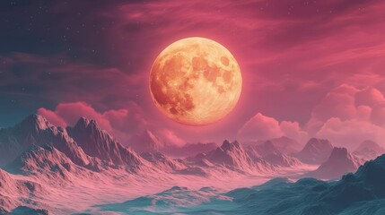 Wall Mural - giant full moon illuminating alien landscape, surreal mountains and ethereal sky, digital art