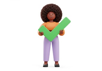 Fototapete - 3D Illustration of Cartoon woman holding a green check mark isolated on white background