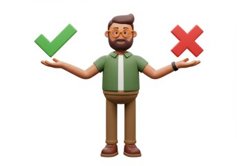 Poster - 3D Illustration of Cartoon man presenting check mark and cross isolated on white background
