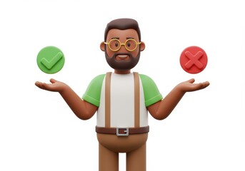 Poster - 3D Illustration of Cartoon man balancing check mark and cross isolated on white background