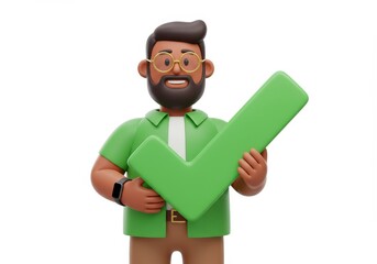 Fototapete - 3D Illustration of Cartoon man holding a green check mark isolated on white background